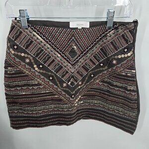 Talori Green Embroidered Beaded Bohemian 100% Cotton Lined Mini Skirt Small